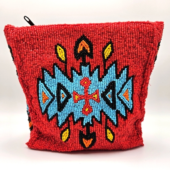 VINTAGE Gammon Shire Aztec Southwestern Fully Beaded Red Clutch Pouch Bag 1993 - Picture 4 of 7
